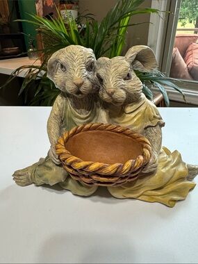 Yellow Ceramic Bunny Pair Figurine with Basket